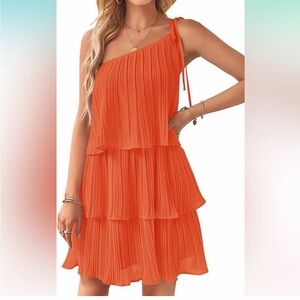 Sleeveless One-Shoulder Tiered Orange Dress with Shoulder Tie